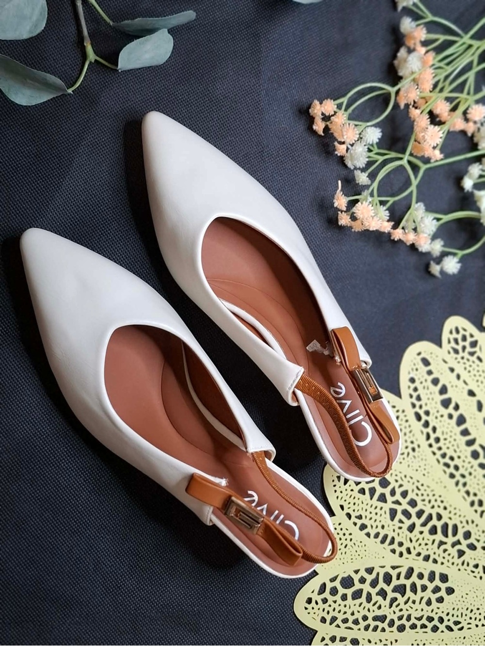 White Pointed Slingback Flats with Tan Accent
